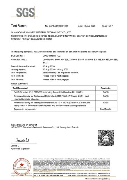 Chiny Guangdong XiMi New Material Technology Co., Ltd Certyfikaty