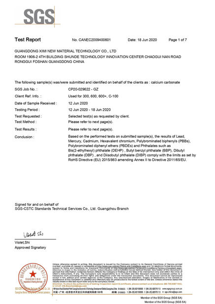 Chiny Guangdong XiMi New Material Technology Co., Ltd Certyfikaty